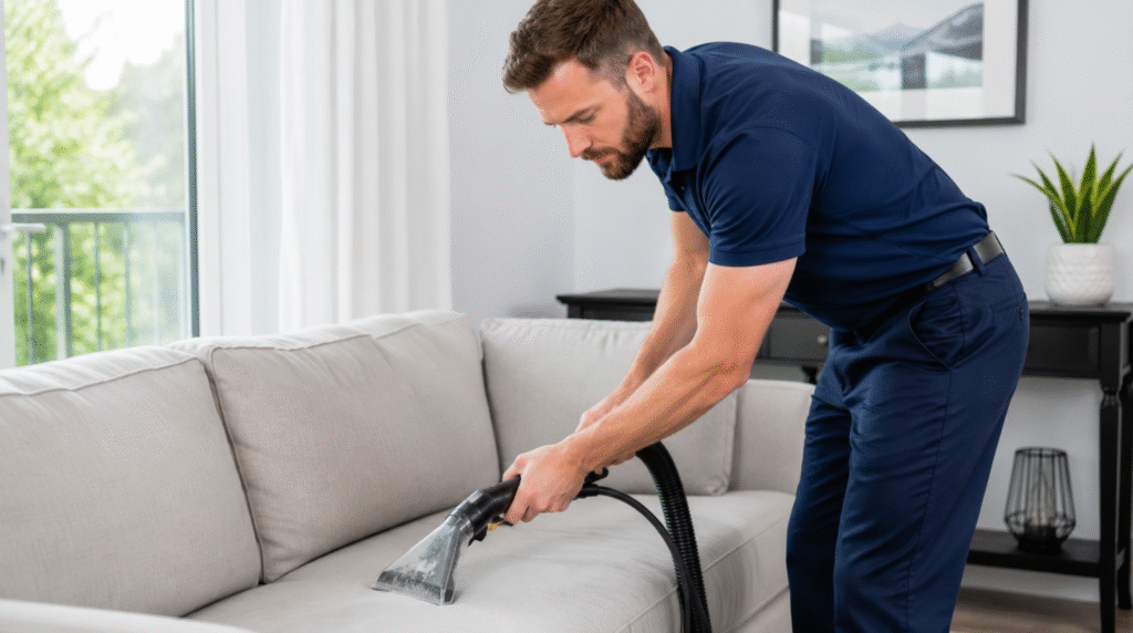 Professional steam extraction tool used for upholstery cleaning Lake Ridge VA on a beige couch.