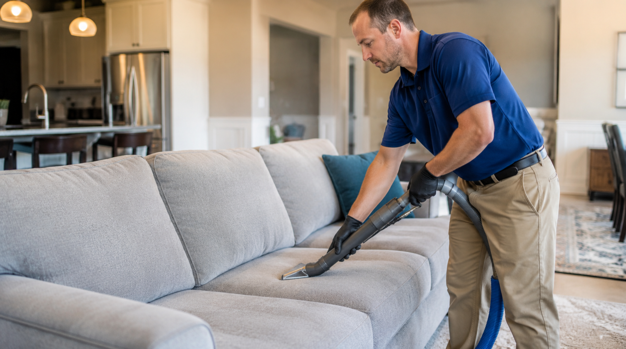 Professional technician performing upholstery cleaning Lake Ridge VA on a sectional sofa.