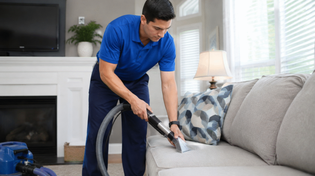 Professional technician using a specialized extraction tool for upholstery cleaning Springfield VA on a light grey sectional sofa.
