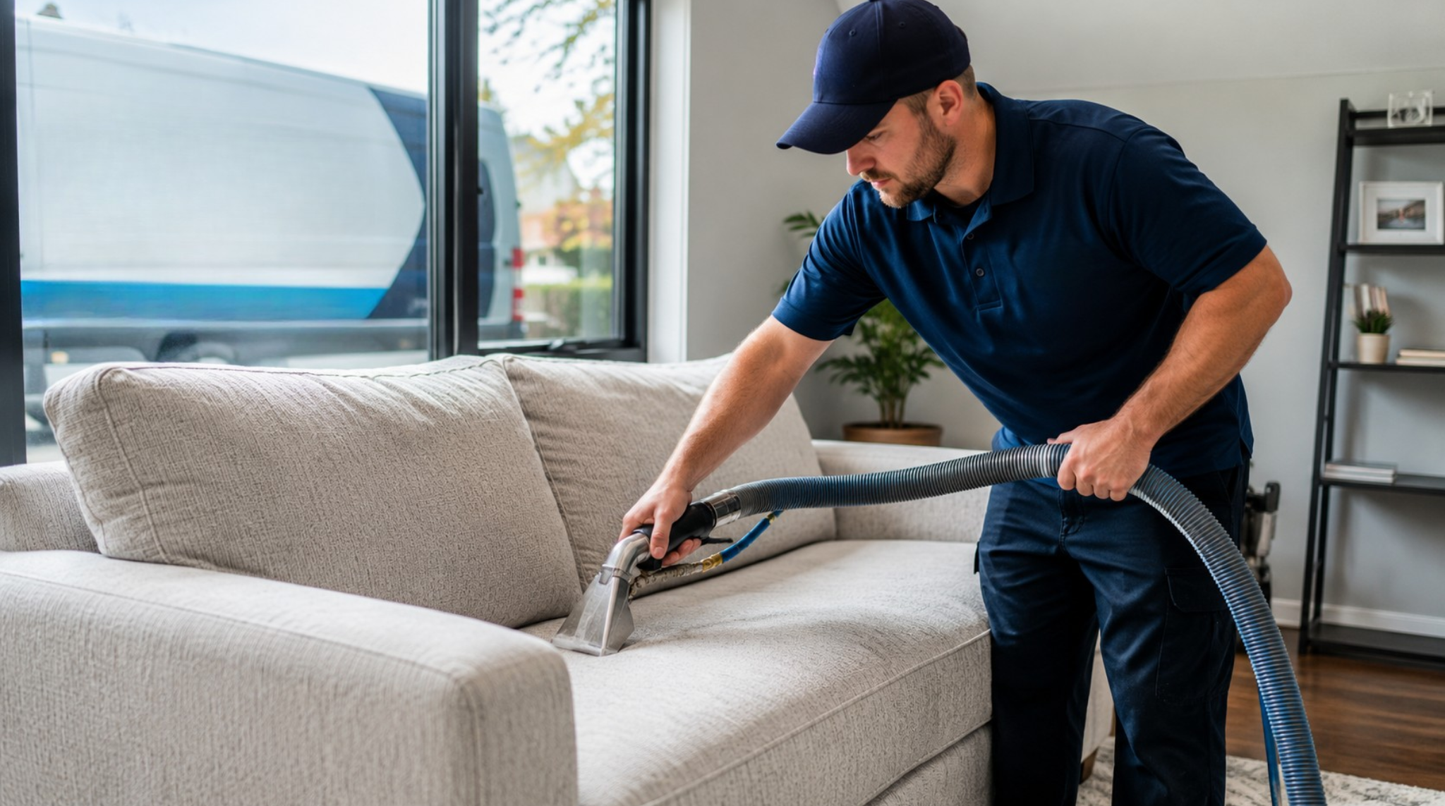 A service technician deep cleaning a fabric couch, showcasing professional upholstery cleaning Springfield VA.