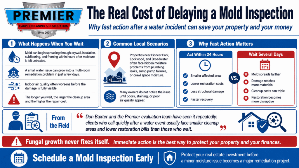 Infographic detailing the real cost of delaying a mold inspection by Premier Carpet Cleaning & Restoration in Billings, Montana.