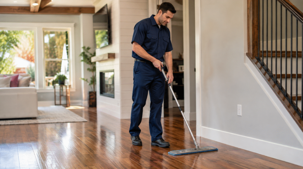 Professional cleaner performing detailed floor cleaning maintenance Bothell WA with a microfiber dust mop on polished wood floors.