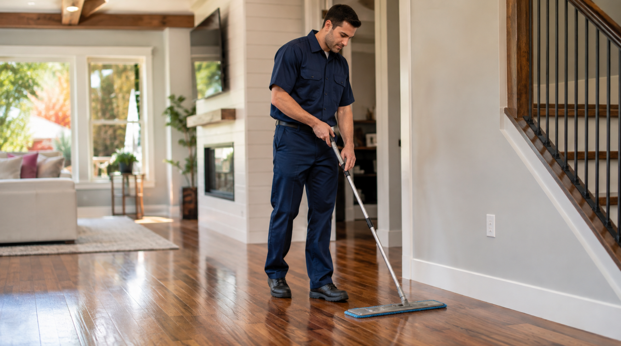 Professional cleaner performing detailed floor cleaning maintenance Bothell WA with a microfiber dust mop on polished wood floors.