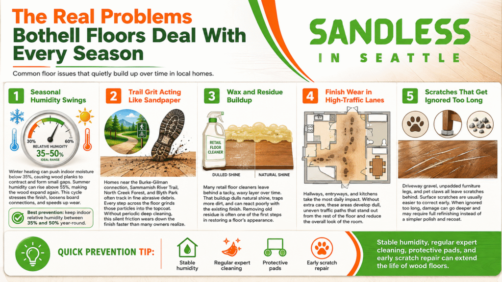 Infographic titled "The Real Problems Bothell Floors Deal With Every Season" by Sandless in Seattle, detailing professional floor cleaning maintenance Bothell WA tips.