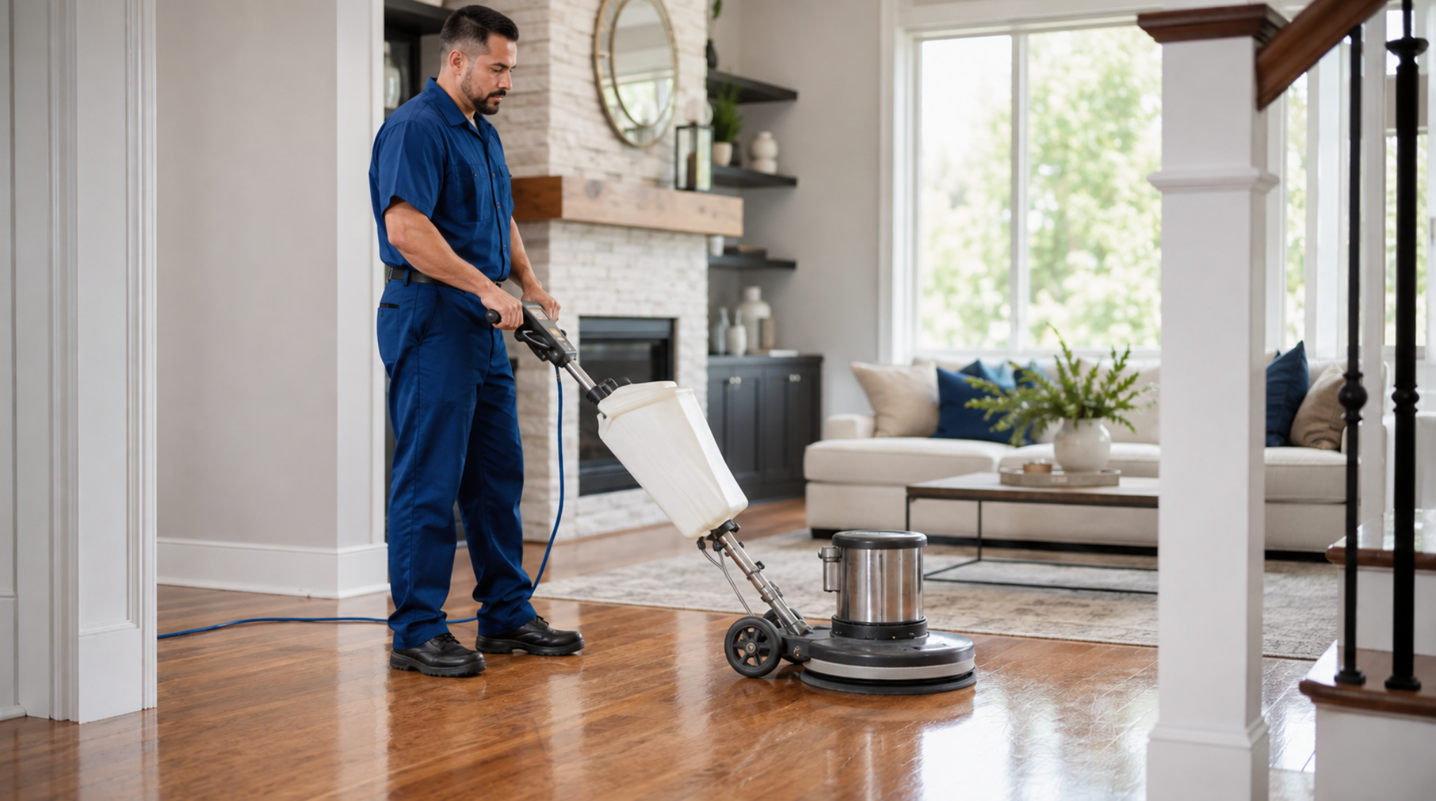 Professional technician providing hardwood floor clean and buff in a Bothell, WA home living room.