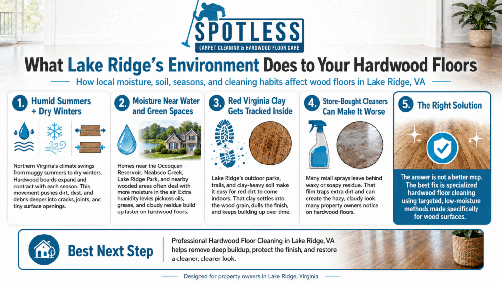 Infographic titled "What Lake Ridge's Environment Does to Your Hardwood Floors" illustrating five environmental impacts and the benefits of professional Hardwood Floor Cleaning Lake Ridge VA.