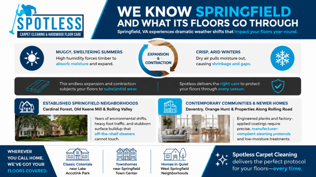 Professional hardwood floor cleaning Springfield VA infographic showing floor care solutions for local seasonal weather expansion and contraction.