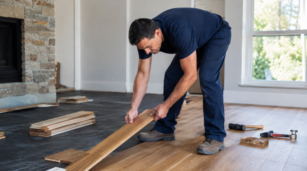 Specialist carefully fitting wood planks during a hardwood floor installation project in Bothell, WA.