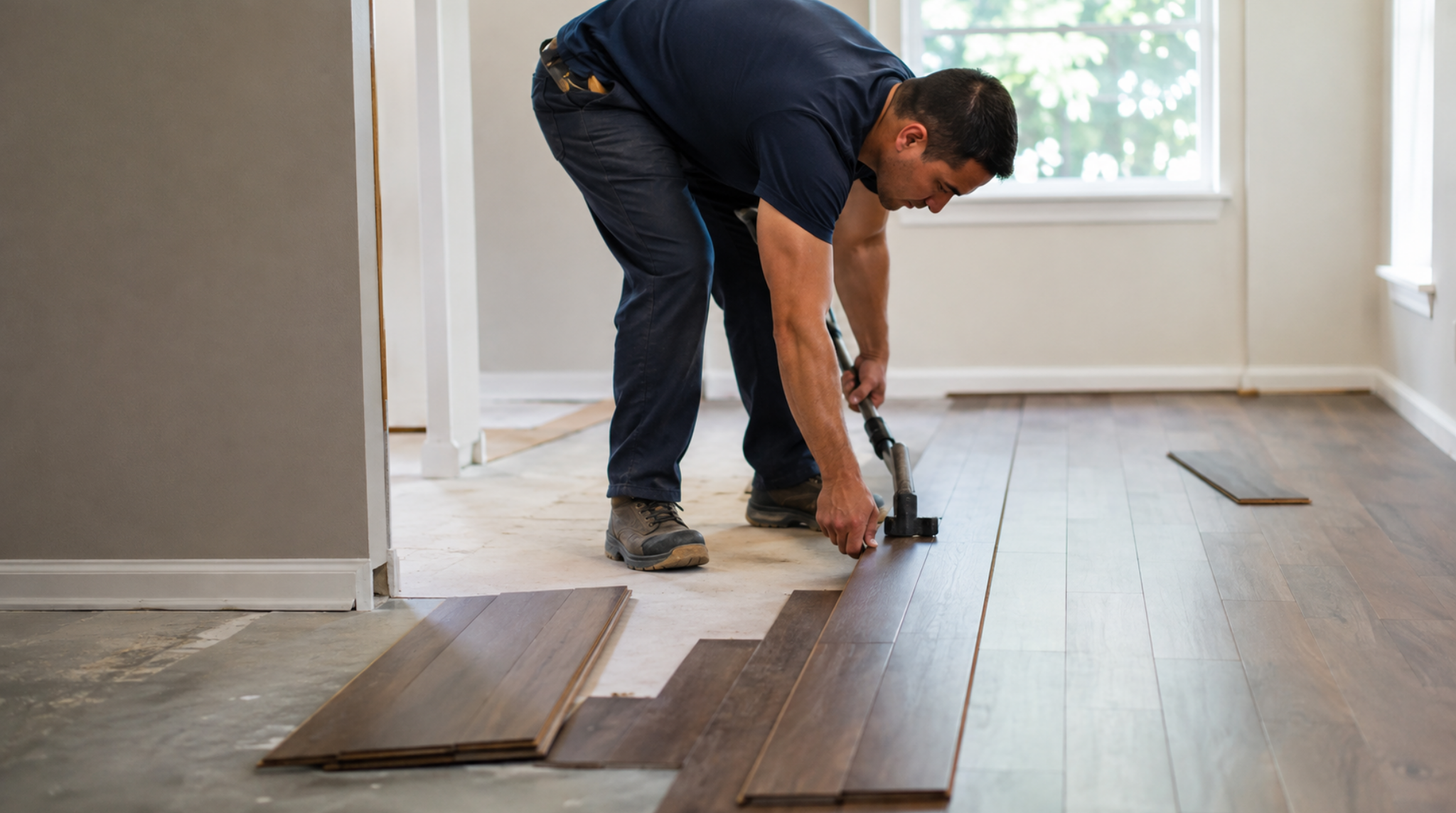 Professional contractor performing hardwood floor installation in a Bothell, WA living area.