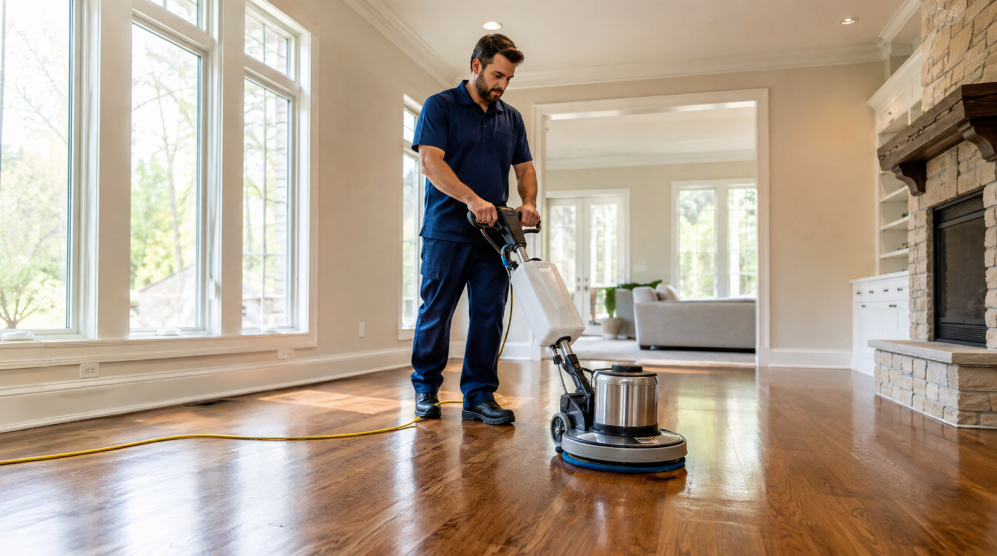 Professional technician performing hardwood floor polishing maintenance Bothell WA in a modern home.