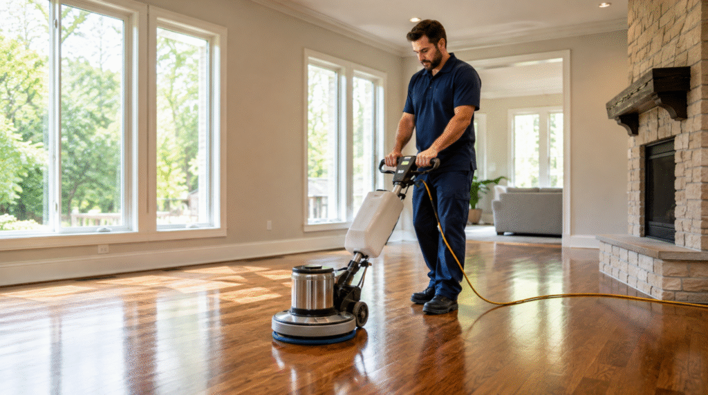 Specialist using a commercial buffer for hardwood floor polishing maintenance Bothell WA.