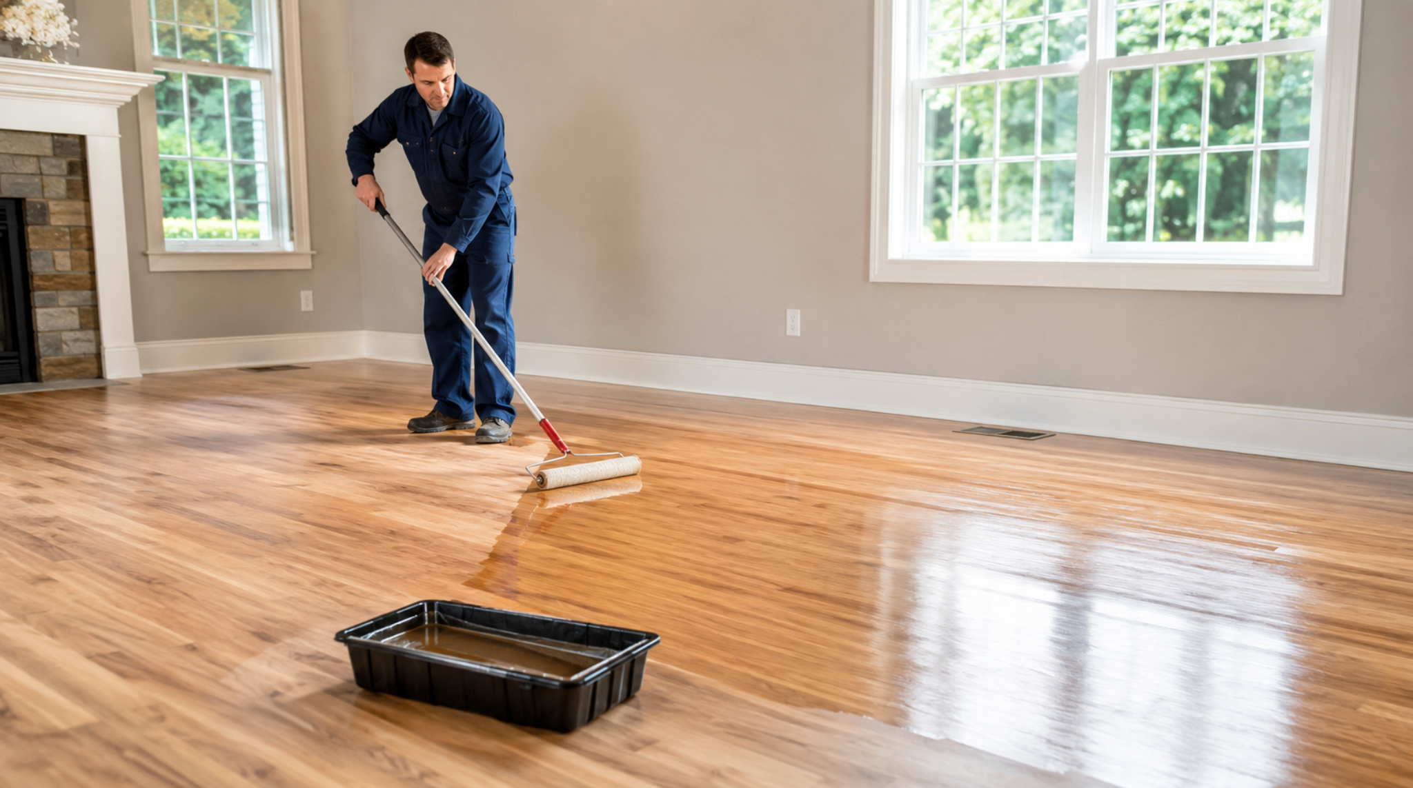 Flooring specialist applying topcoat finish for hardwood floor refinishing in Bothell, WA.