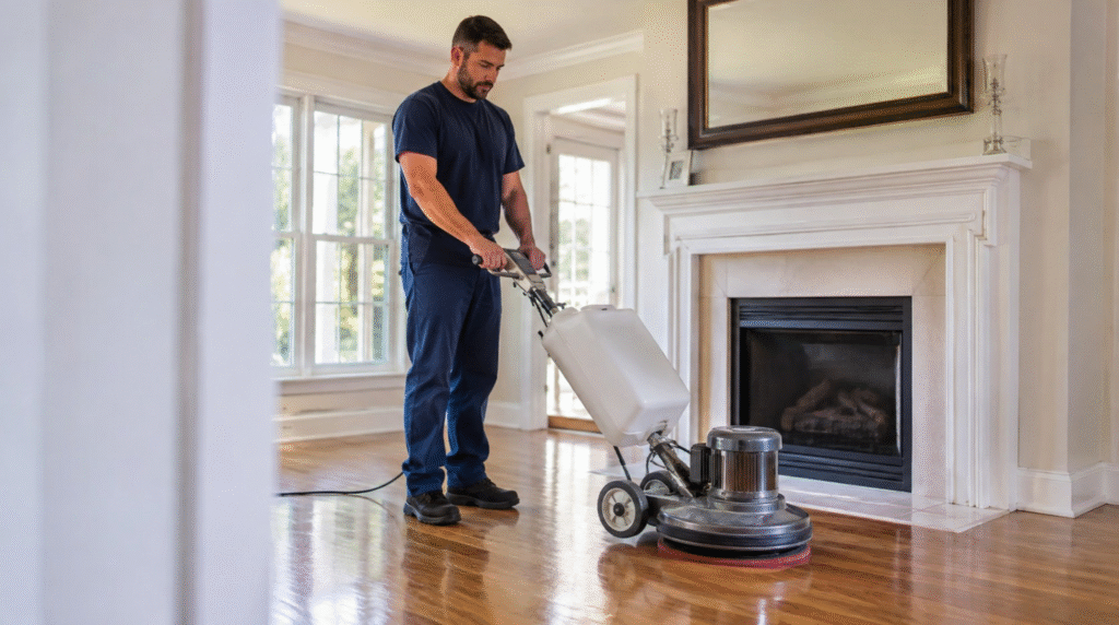 A flooring technician uses a wide roller to evenly apply a clear protective topcoat over natural wood planks in a modern home. This sealing process restores shine and long-lasting durability through top-tier hardwood floor refinishing in Bothell, WA.
