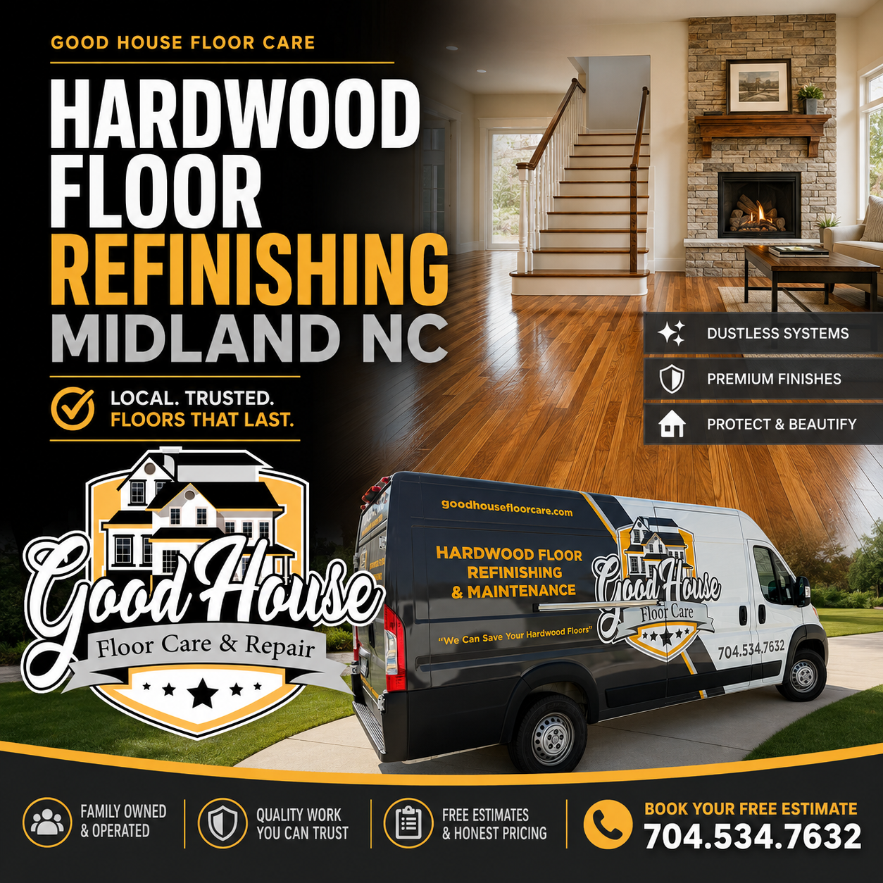 Trust Good House Floor Care for Hardwood Floor Refinishing Midland NC. Our dustless systems provide premium, lasting results.