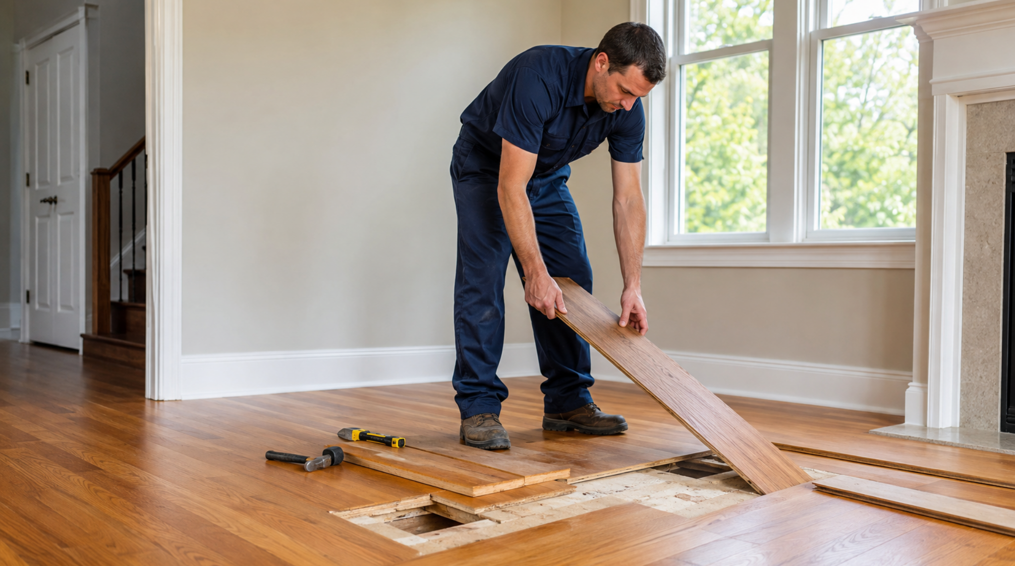 Flooring specialist carrying out hardwood floor repair Bothell WA by fitting a new wood plank.