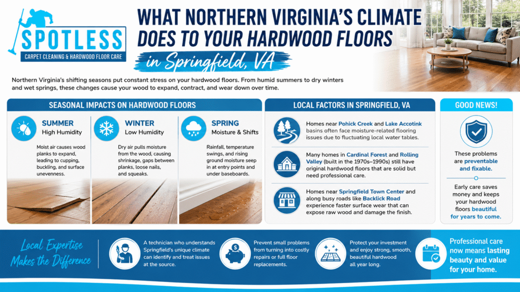 Infographic explaining how Northern Virginia's climate affects flooring and why expert Hardwood Floor Repair Springfield VA is essential to fix gaps, cupping, and seasonal damage.
