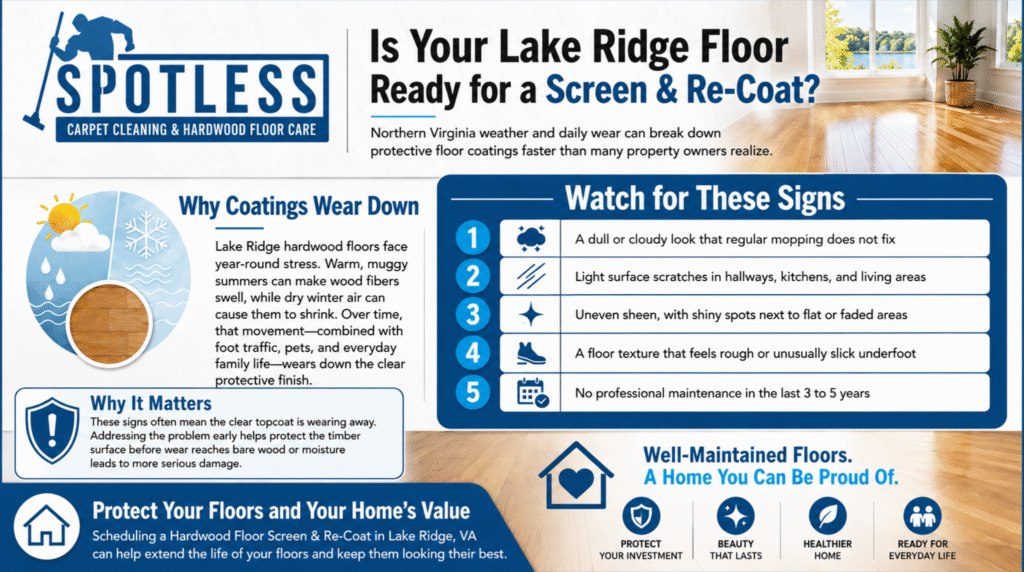 Spotless Carpet Cleaning infographic explaining when to get a Hardwood Floor Screen & Re-Coat Lake Ridge VA service to protect wood finishes.