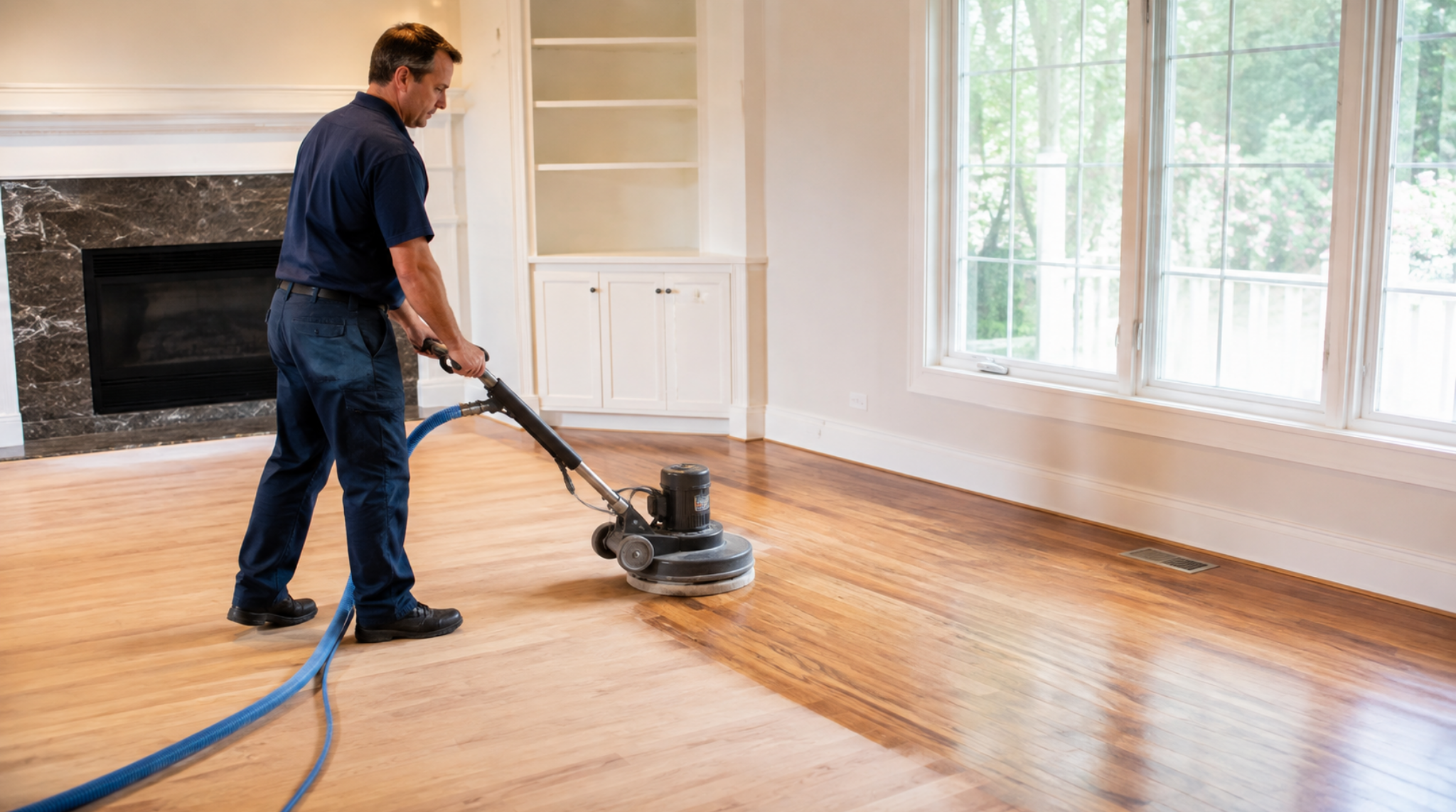 Professional technician using a specialized rotary floor machine to screen hardwood floors in a spacious living room. This essential screening step prepares the existing wood finish for a fresh protective coat without sanding down to bare wood.