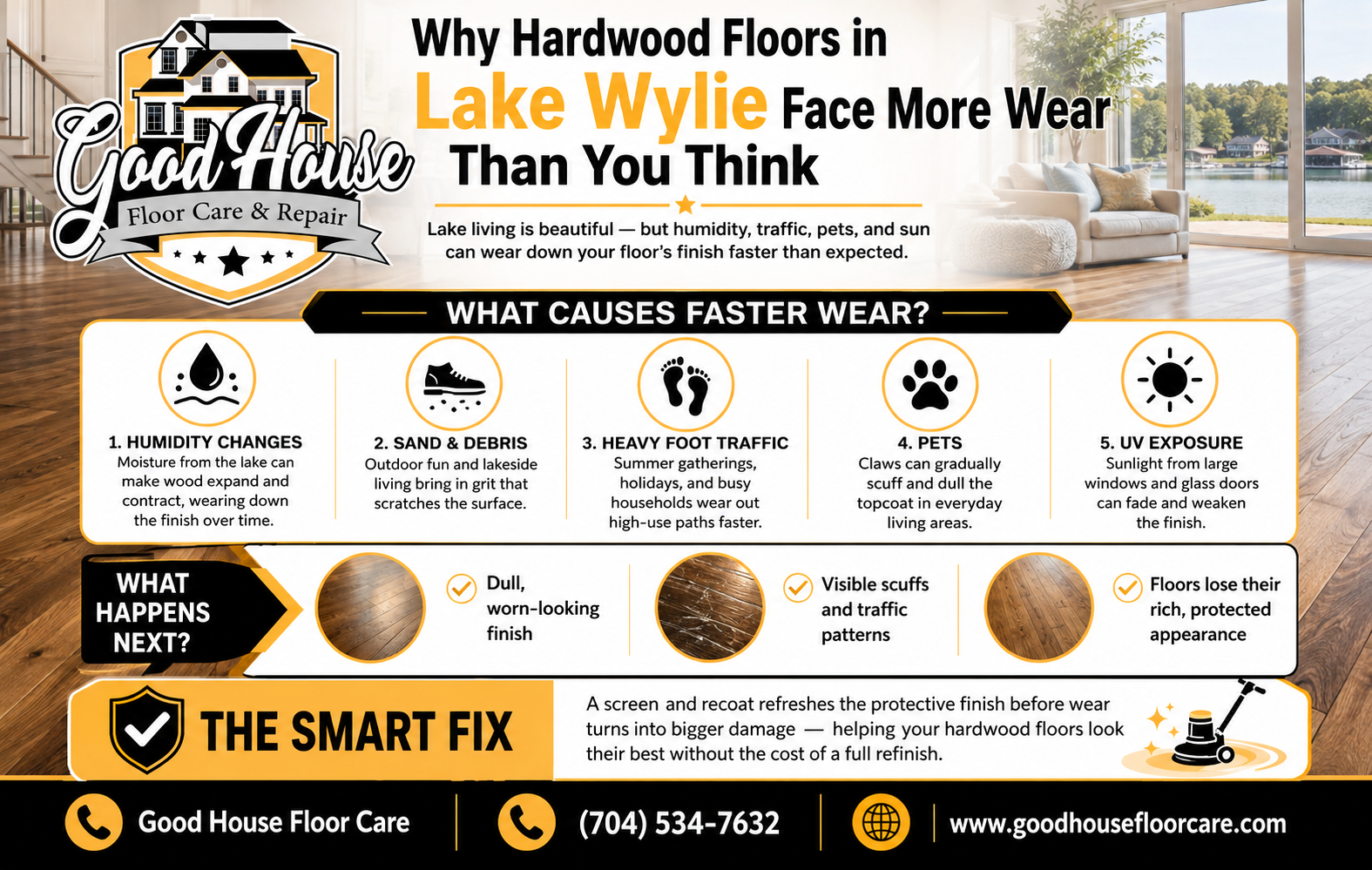 Infographic about hardwood floor screen and recoat Lake Wylie NC, detailing causes of floor wear and repair solutions.