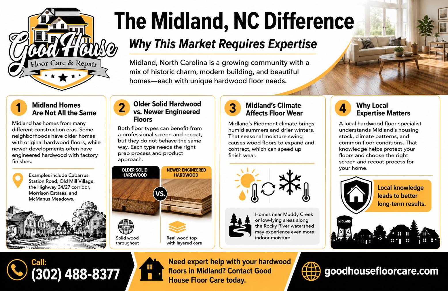 Good House Floor Care guide for Hardwood Floor Screen and Recoat Midland NC, detailing local climate and wood types.