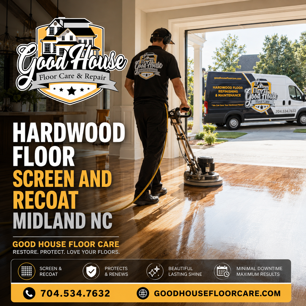 Good House Floor Care expert doing a Hardwood Floor Screen and Recoat Midland NC on a glossy wood floor.