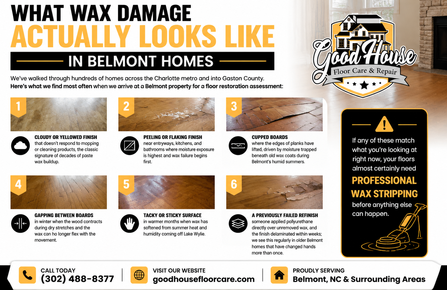 Good House Floor Care infographic showing signs you need Hardwood Floor Wax Removal Belmont NC like peeling, gapping & cupping.