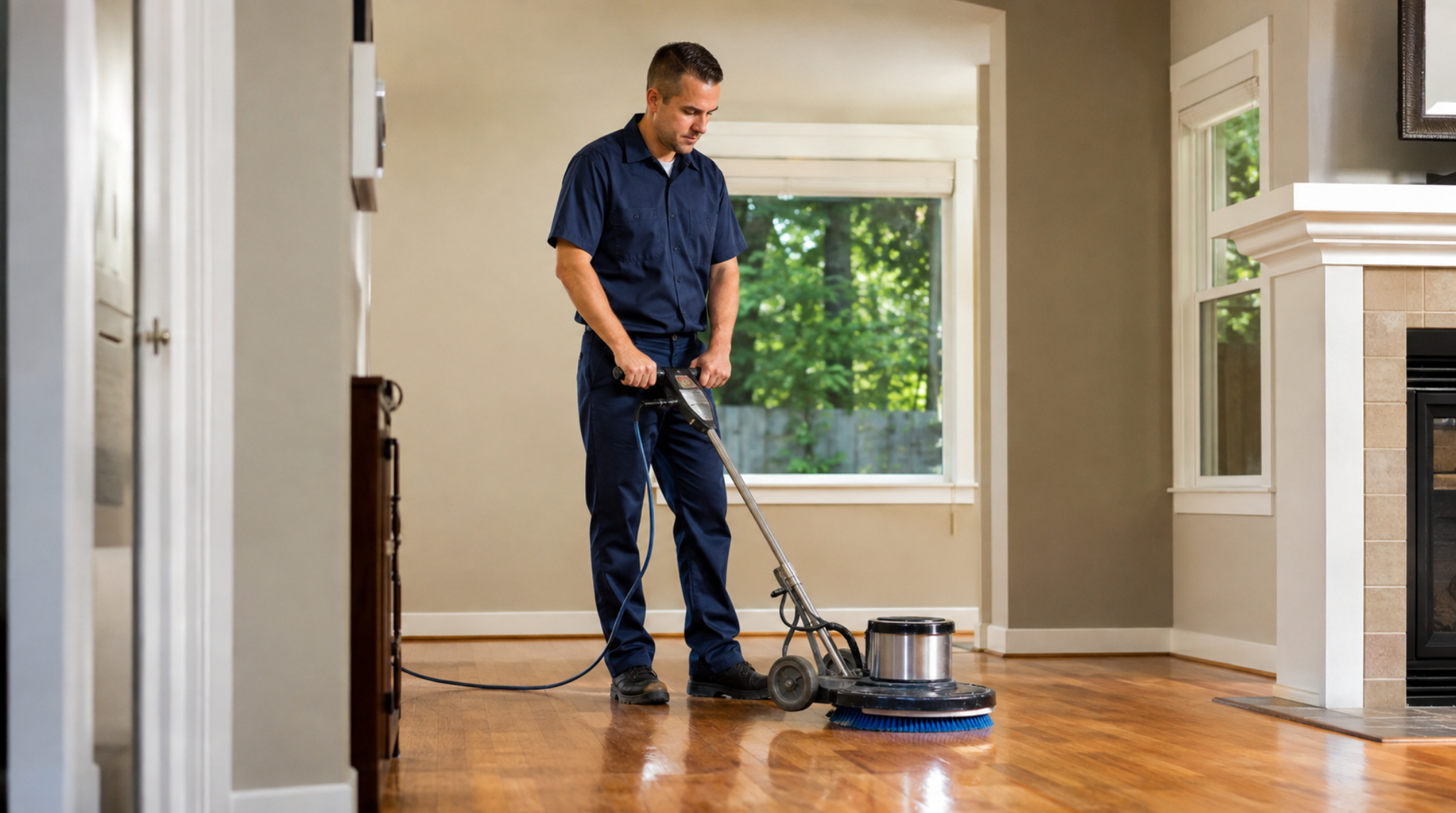 Technician using rotary scrubbing machine for Hardwood Floor Wax Removal Bothell WA.