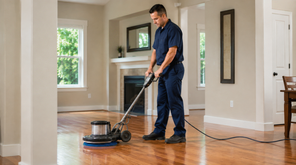 Professional technician performing Hardwood Floor Wax Removal Bothell WA in a living room.