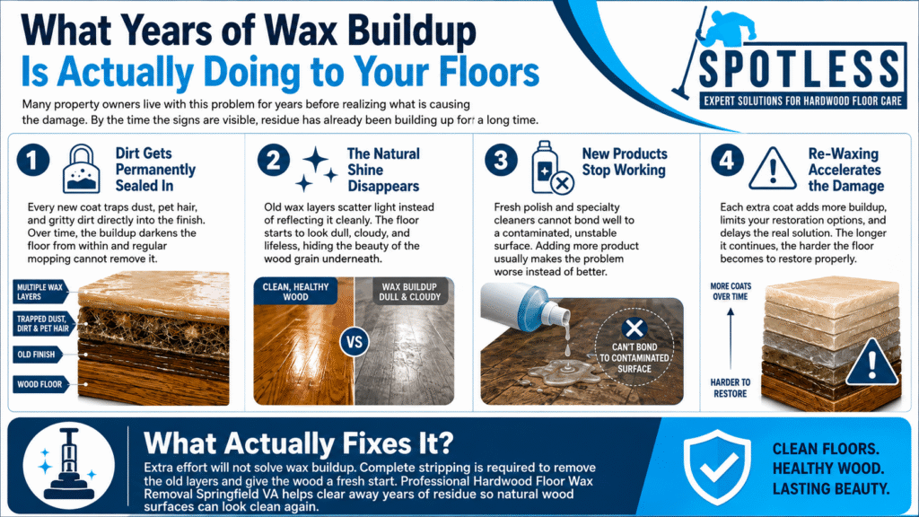 Infographic explaining the effects of wax buildup on wood floors and the benefits of professional Hardwood Floor Wax Removal Springfield VA.