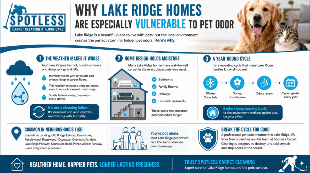 Infographic titled "Why Lake Ridge Homes Are Especially Vulnerable to Pet Odor" by Spotless Carpet Cleaning & Floor Care, illustrating how humidity reactivates uric acid crystals and why homeowners need professional pet urine treatment in Lake Ridge, VA.