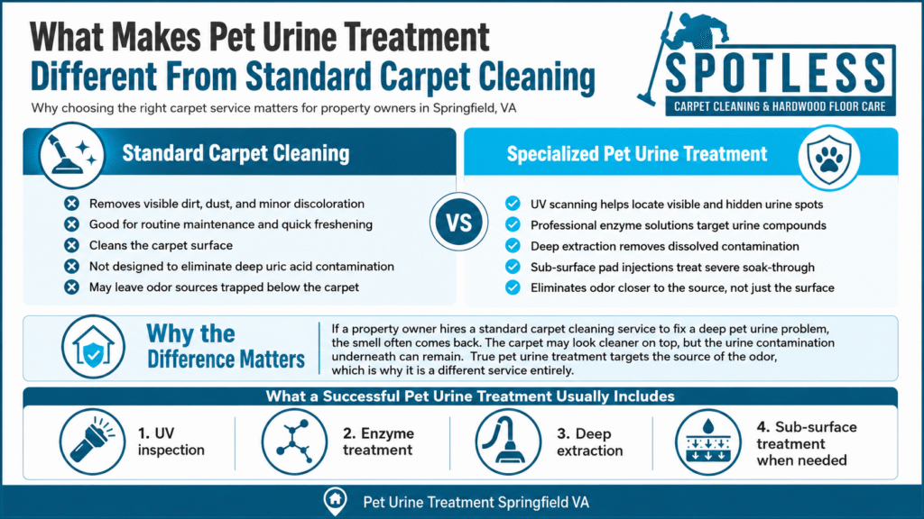Infographic explaining standard carpet cleaning vs. professional Pet Urine Treatment Springfield VA by Spotless Carpet Cleaning.