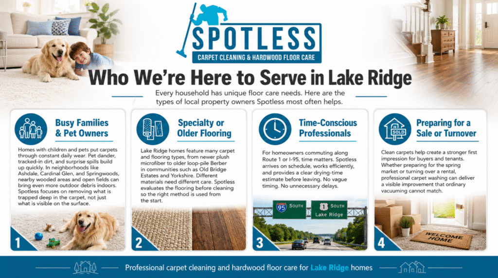 Professional residential carpet cleaning Lake Ridge VA infographic showing floor care services for local families, pet owners, and home sellers by Spotless Carpet Cleaning.