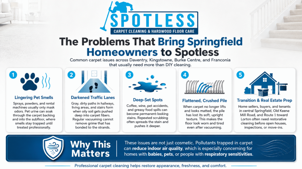 Infographic showing common home carpet problems solved by professional residential carpet cleaning Springfield VA.