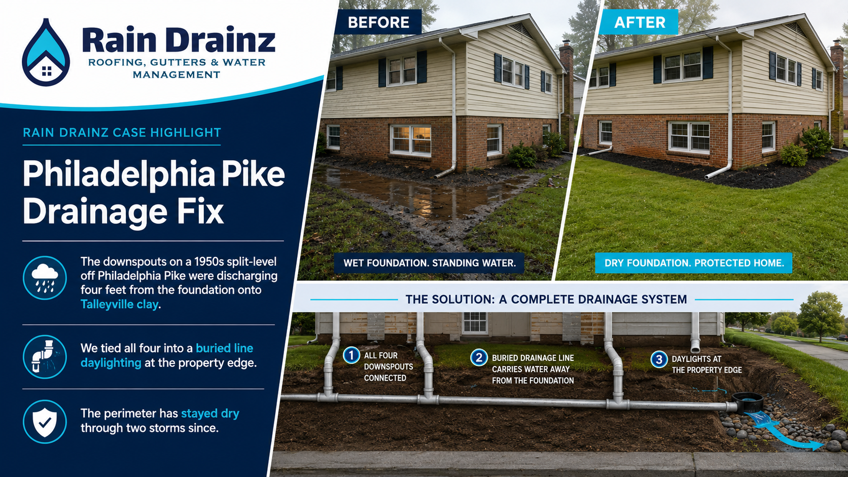 Rain Drainz yard fix before & after showing a buried downspout system for Roofing & Exterior Drainage Claymont DE.