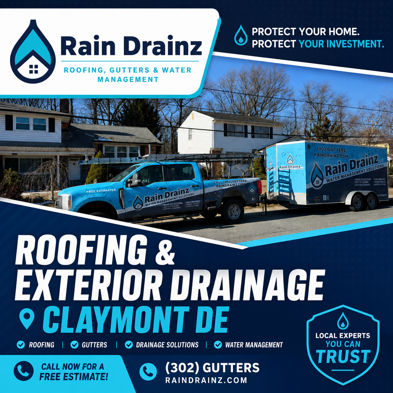 Rain Drainz service truck and trailer parked in a residential area for Roofing & Exterior Drainage Claymont DE.