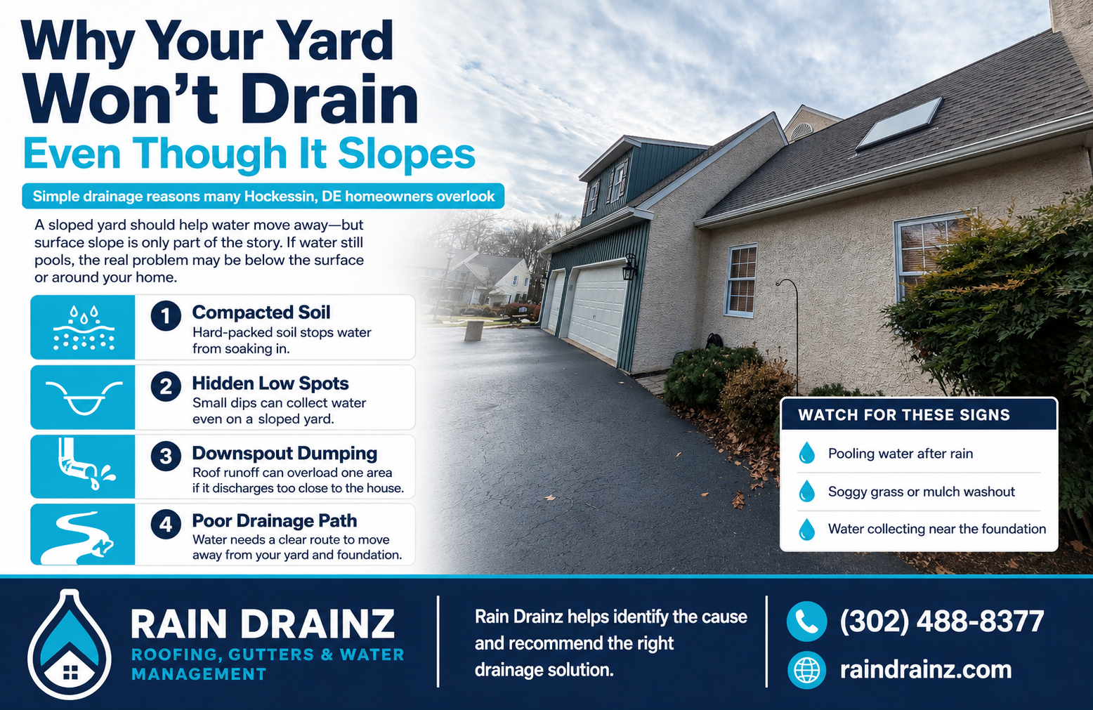 Rain Drainz infographic on yard slope issues for Roofing & Exterior Drainage Hockessin DE, showing signs and 4 hidden causes.