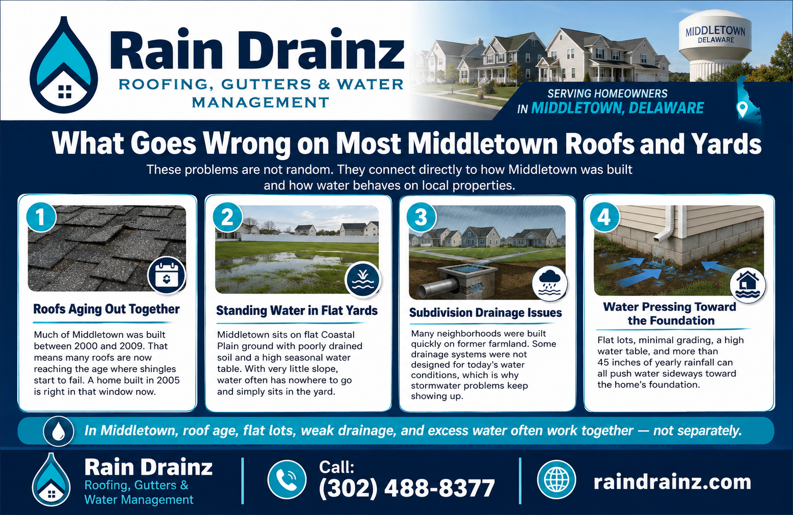 Rain Drainz guide to Roofing & Exterior Drainage Middletown DE, explaining yard water issues and aging roof problems locally.