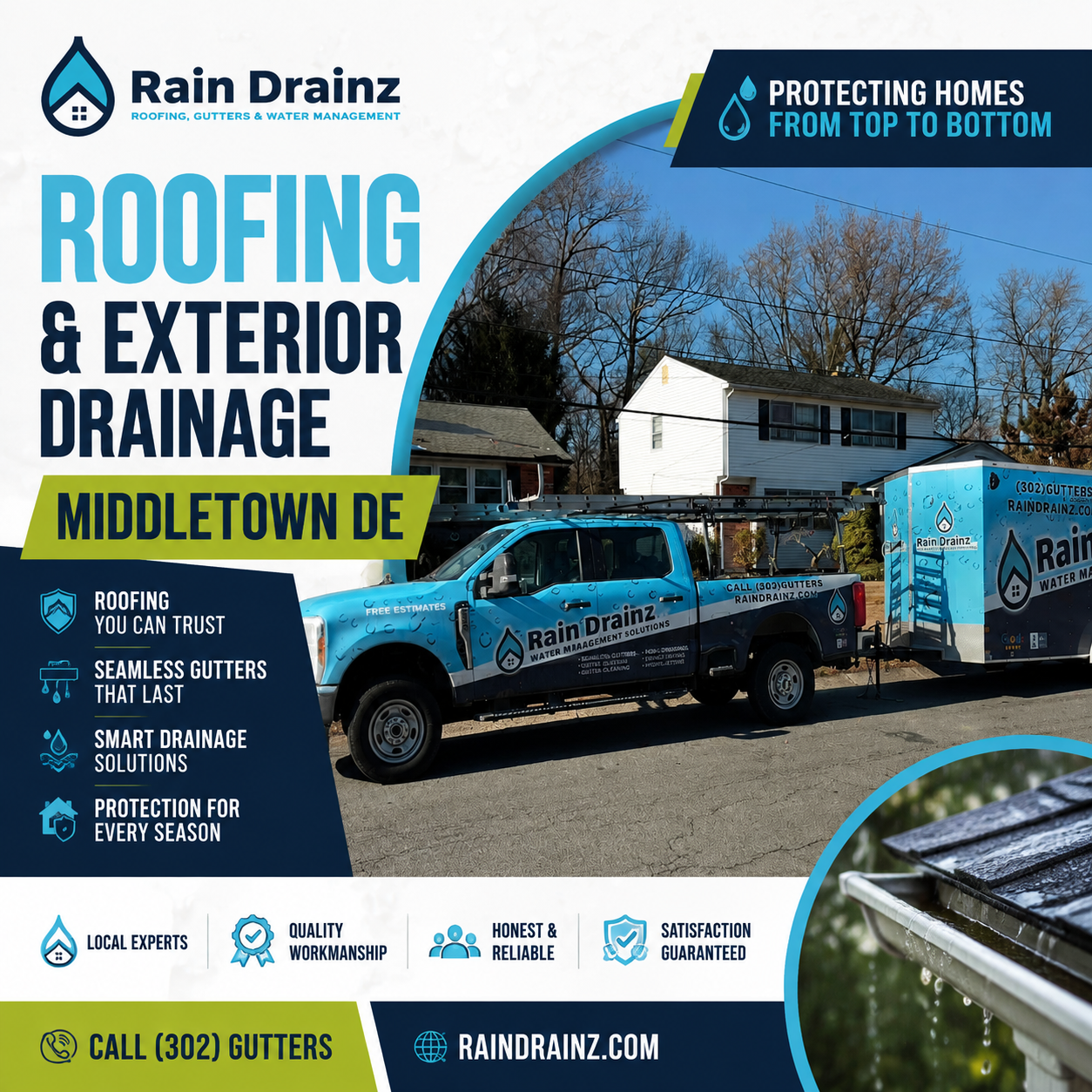 A branded Rain Drainz truck and trailer providing Roofing & Exterior Drainage Middletown DE services to a local neighborhood.
