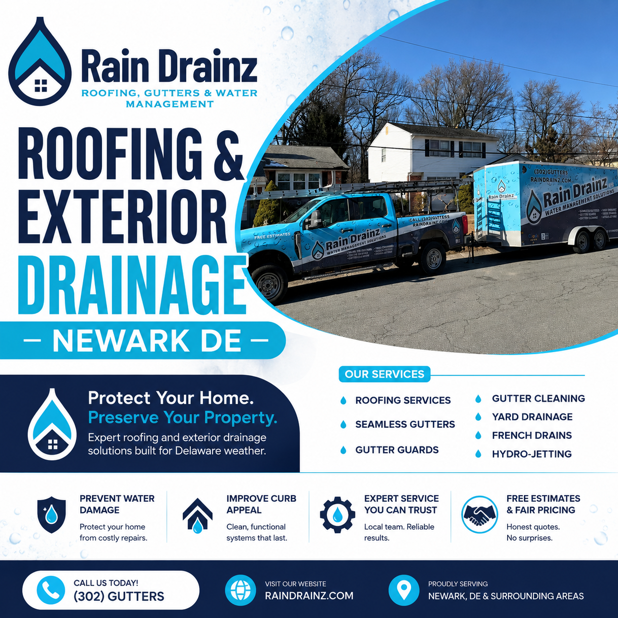 Rain Drainz flyer for Roofing & Exterior Drainage Newark DE, showing a work truck, trailer, and a list of home services.