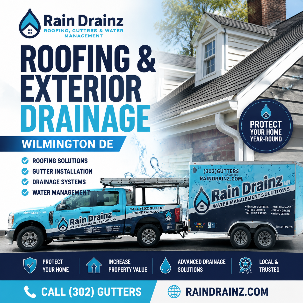 Rain Drainz provides Roofing & Exterior Drainage Wilmington DE. See our branded truck and trailer at a residential property.