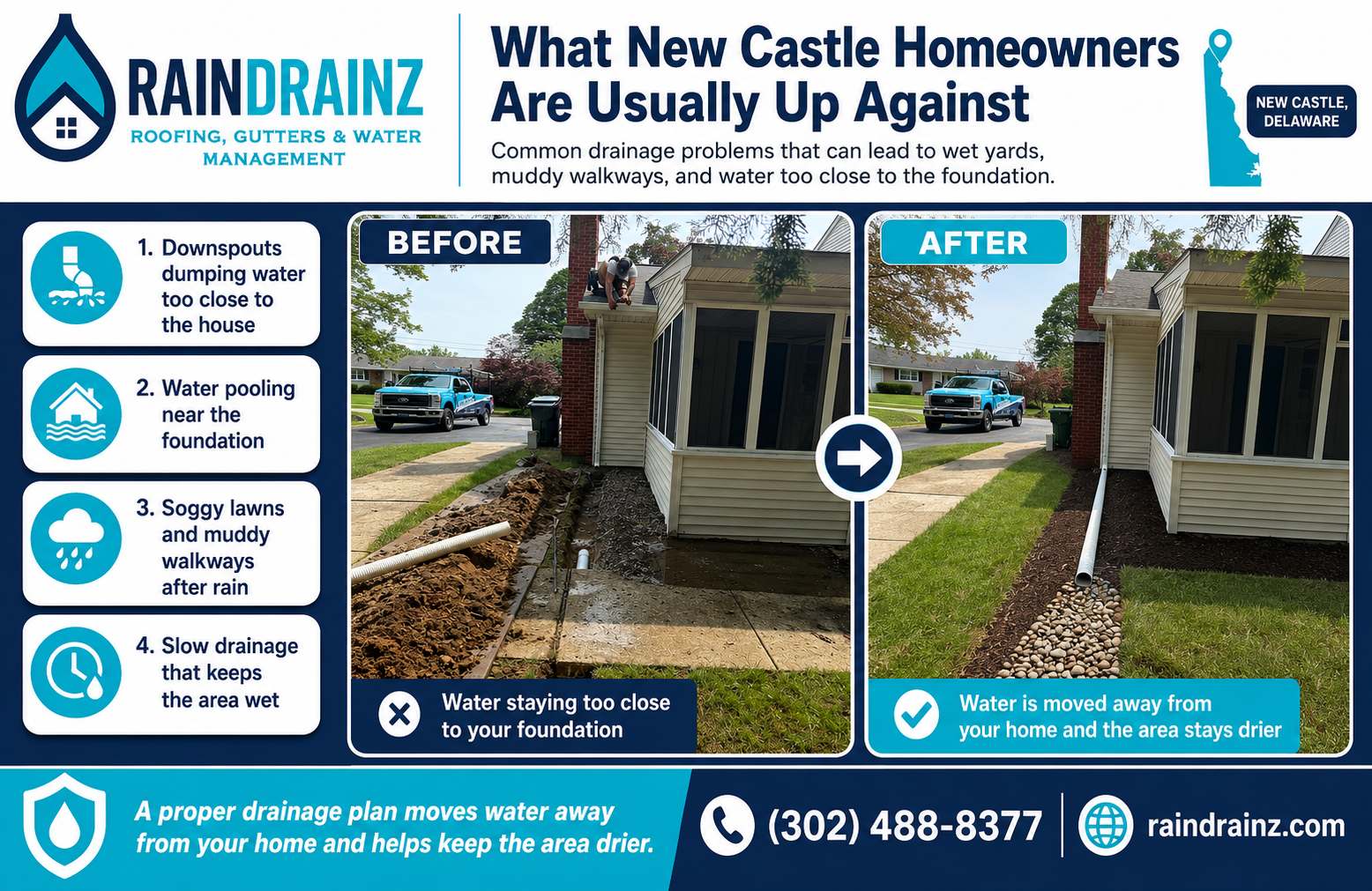 See before and after solutions by Rain Drainz for Roofing & Exterior Drainage in New Castle DE to stop yard water pooling.