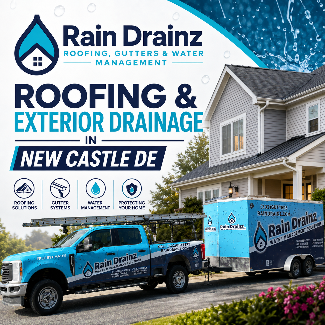 Rain Drainz truck at a residential home offering services for Roofing & Exterior Drainage in New Castle DE.