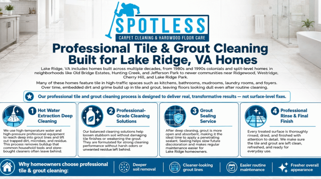 Professional Tile & Grout Cleaning Lake Ridge VA infographic by Spotless Carpet Cleaning detailing a 4-step restorative floor care process.