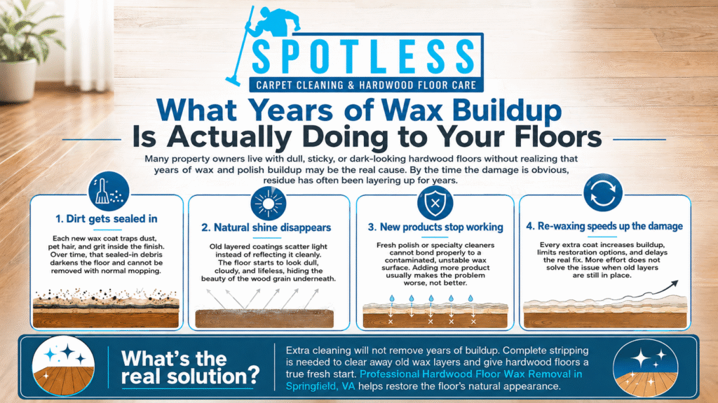 Infographic on floor wax buildup damage and restoration by Spotless, including Tile & Grout Cleaning Springfield VA services.
