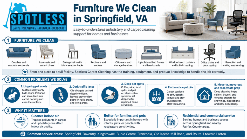 Infographic by Spotless Carpet Cleaning detailing furniture types cleaned and problems solved for Upholstery Cleaning Springfield VA.