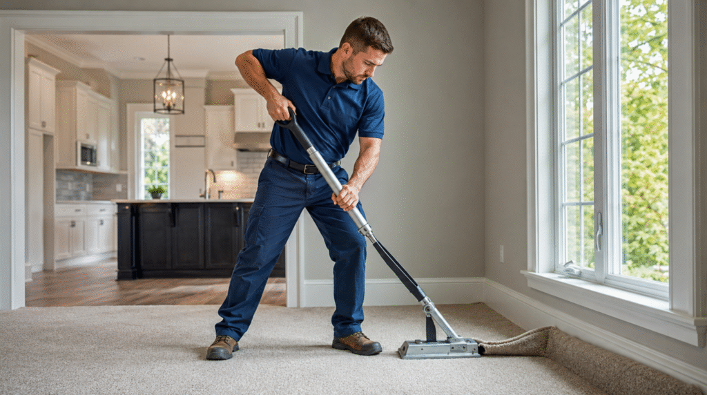 Flooring contractor performing a Vinings, GA carpet installation in a modern open-concept home.