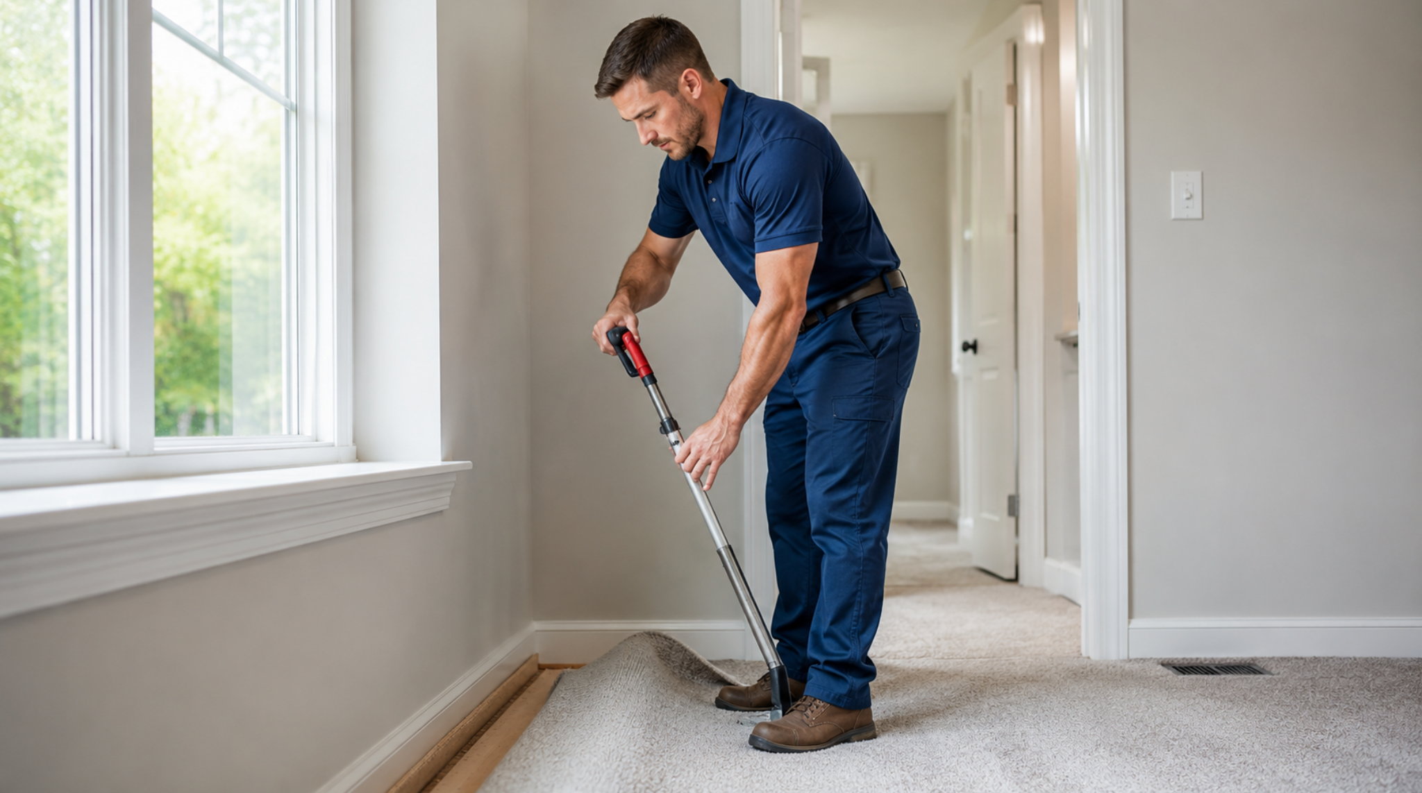 Professional installer performing a Vinings, GA carpet installation using a power stretcher near baseboards.