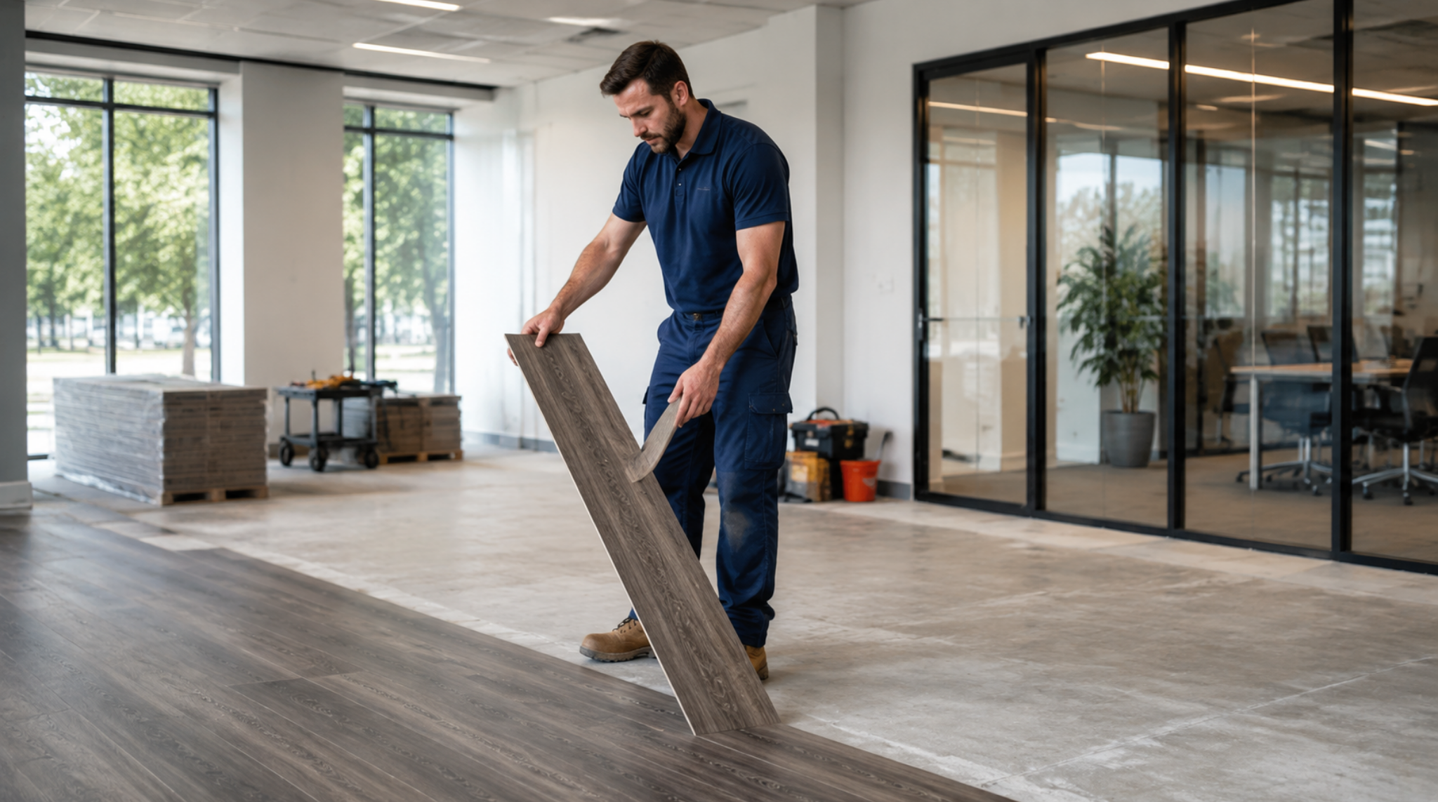 Professional installer setting down a wood-look vinyl plank during a Vinings, GA Commercial Flooring Installation in a modern office space.
