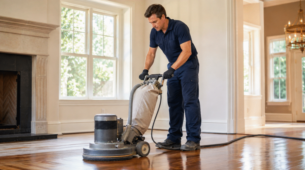 Professional contractor operating a floor sander during a Vinings, GA Hardwood Floor Refinishing job.