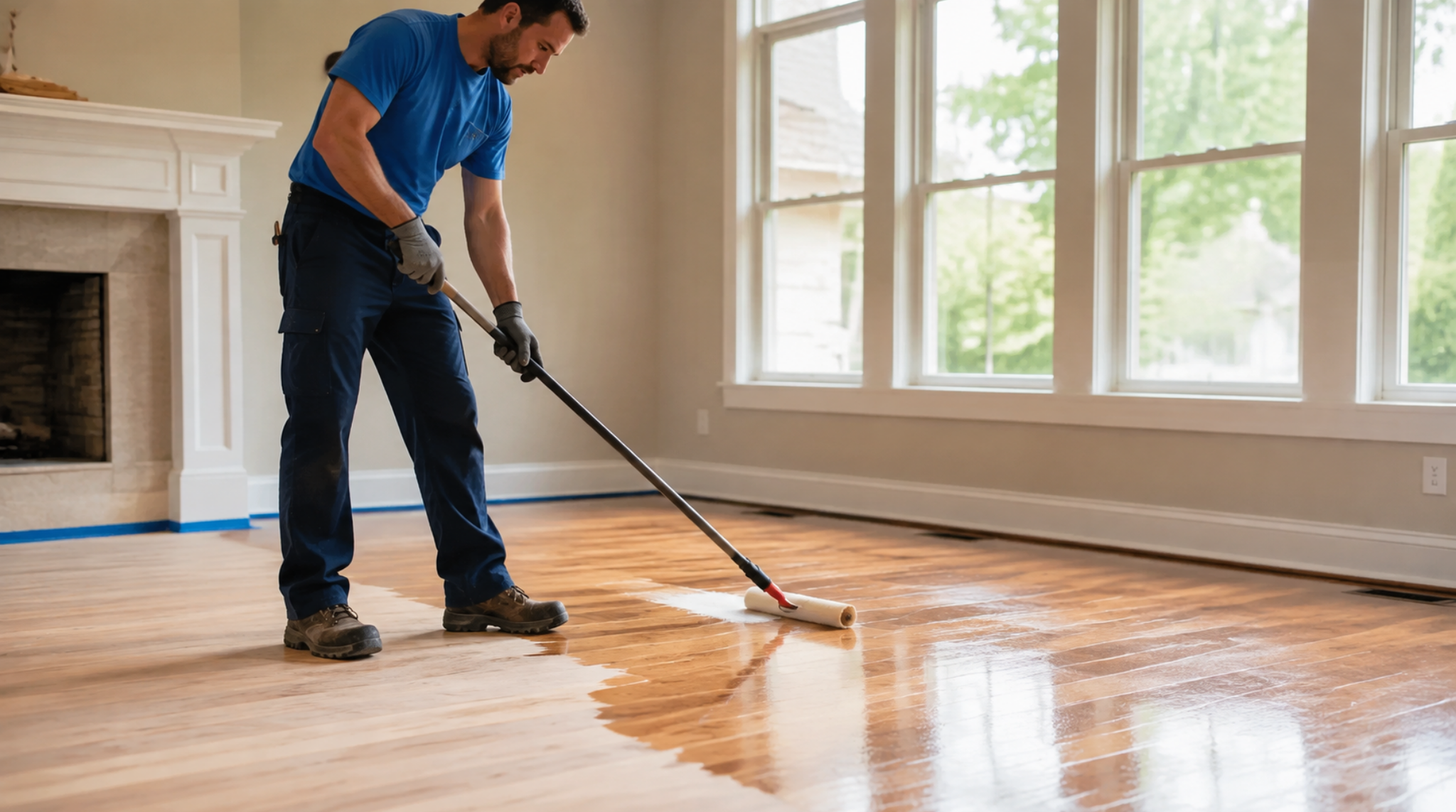 Technician applying a clear protective coat during Vinings, GA Hardwood Floor Refinishing.